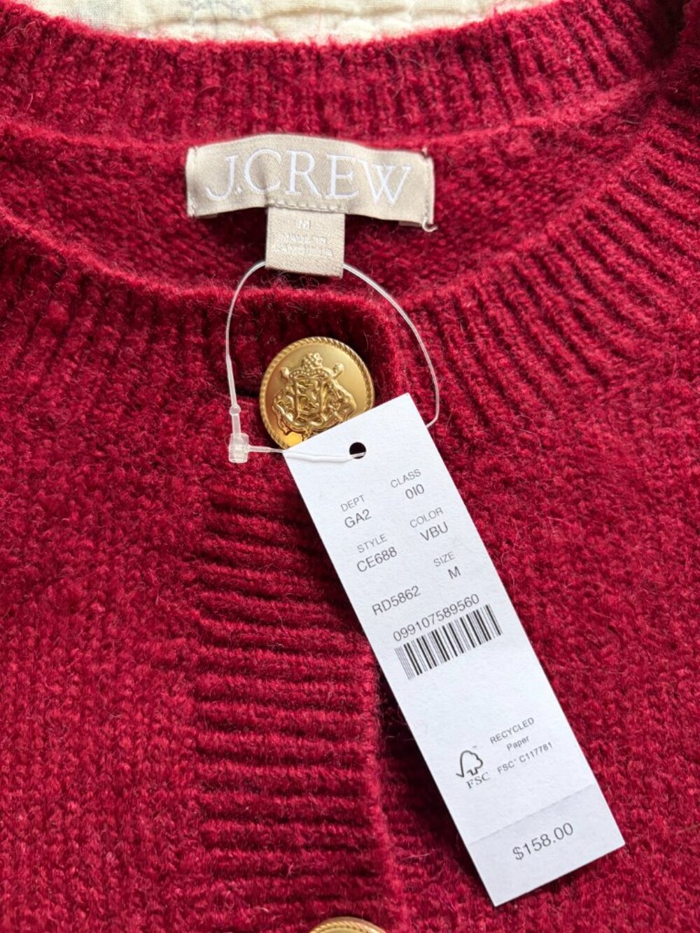 NWT J. Crew Women's M Burgundy-Red Wool Blend Cableknit Cardigan w/Gold Buttons - Picture 2 of 12